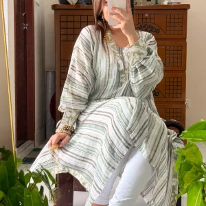 Sage Stripe Premium Slub Cotton Kaftan