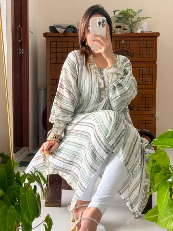 Sage Stripe Premium Slub Cotton Kaftan - Image 1