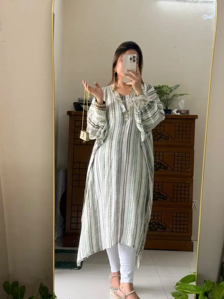 Sage Stripe Premium Slub Cotton Kaftan