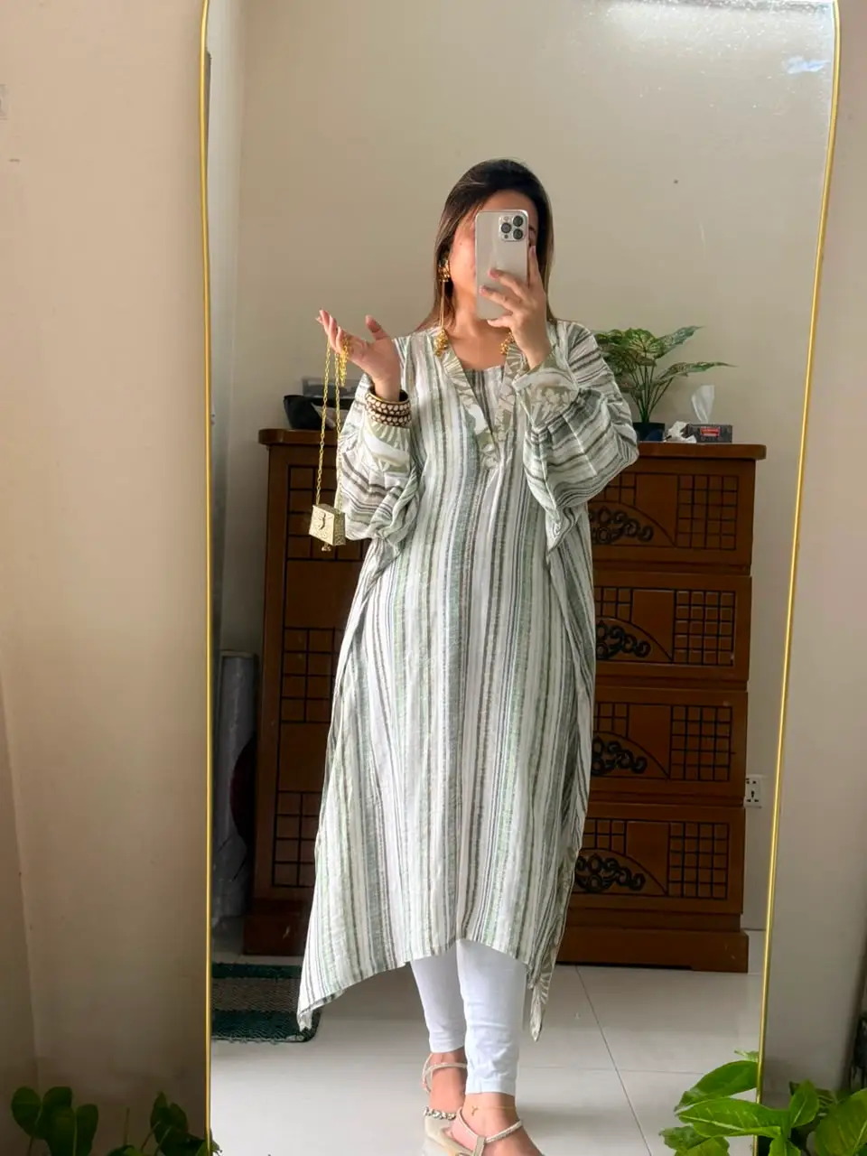 Sage Stripe Premium Slub Cotton Kaftan - Image 2