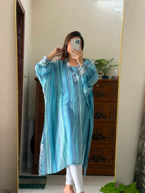 Sage Stripe Premium Slub Cotton Kaftan - Image 3