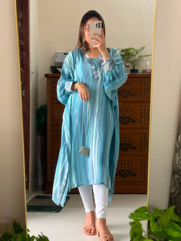 Sage Stripe Premium Slub Cotton Kaftan - Image 5