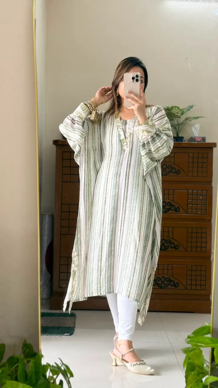 Sage Stripe Premium Slub Cotton Kaftan - Image 4